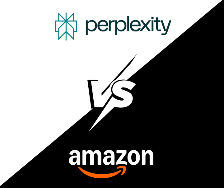 Amazon headquarters with Perplexity AI logo overlay representing the Ninth Circuit ruling on AI shopping agents and agentic commerce