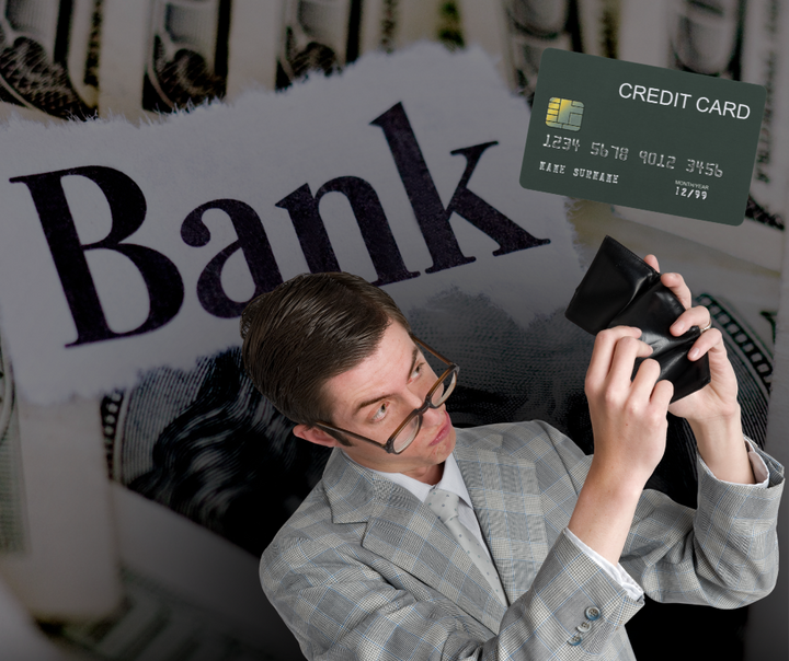 A businessman examining an empty wallet next to a credit card, with a bank headline in the background — representing the real financial cost of using personal credit cards for business expenses.