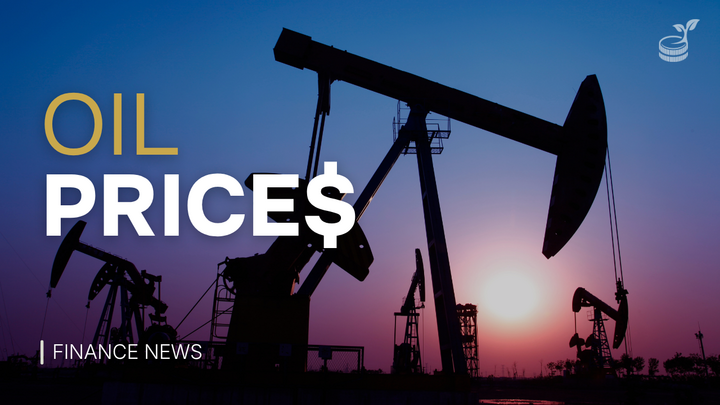 Oil pumpjacks silhouetted at sunset under an OIL PRICES finance news headline graphic