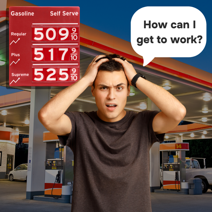 Business owner reacting to high gas prices in 2026 at a gas station